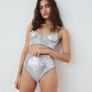 new! for love and lemons silver glimmer sequin high waisted panty 3750